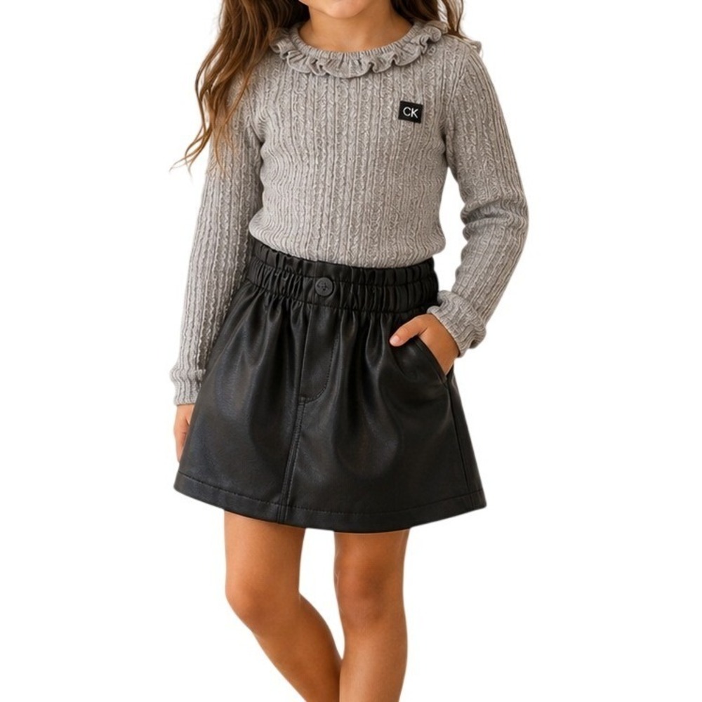 Calvin Klein‎ Gray Ribbed Ruffle Top Black and Faux Leather Skirt Set Girls 12M